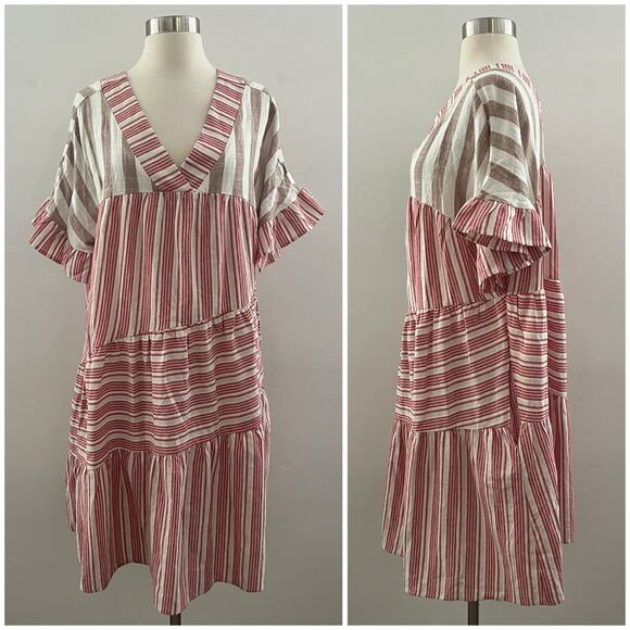 GiGio Striped Oversized Lagenlook Dress Women's S Cotton Linen Relaxed Fit Red - Picture 1 of 9